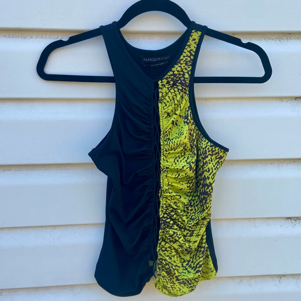 🌿 Vintage Y2K Black and Neon Lace Up Spandex Crop Top 🌿